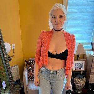 Ark & Co. Salmon Pink Lace with Polka Dot Detailing Cardigan